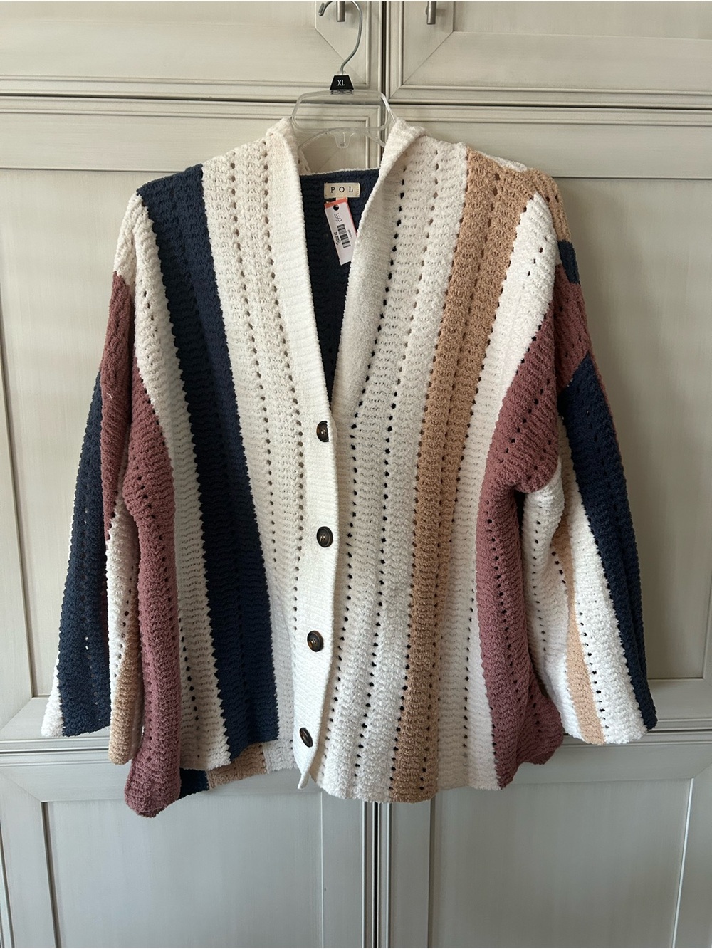 POL Striped Hooded Open-Knit Button Cardigan - Cream, Navy, Dusty Rose, Camel
